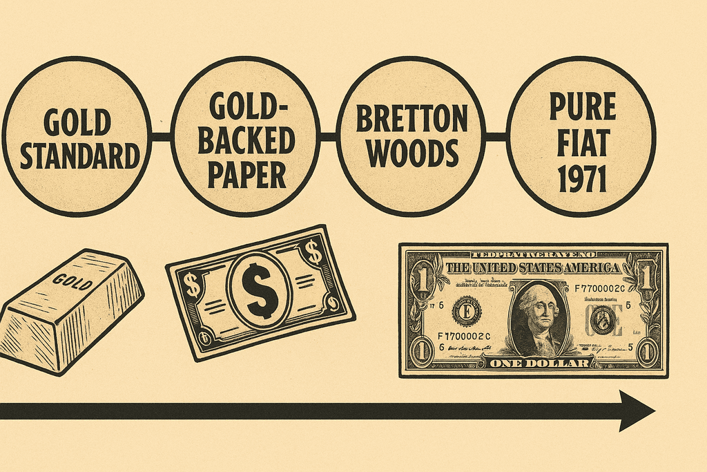 From gold, over gold backed paper, bretton woods  to pure fiat